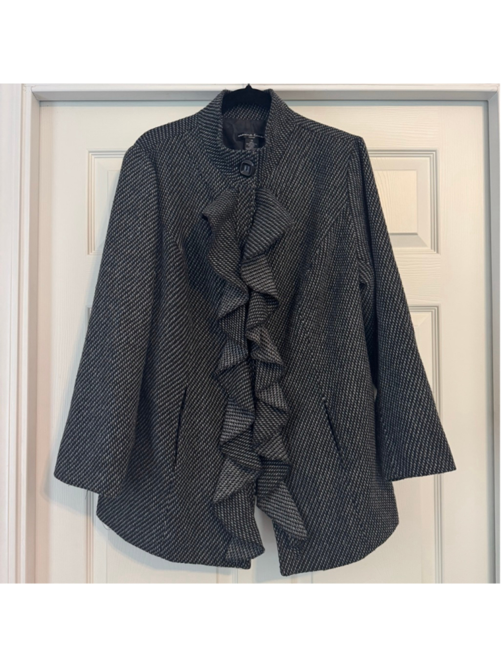 Marina Luna Black White Tweed Ruffle Front Coat 1X